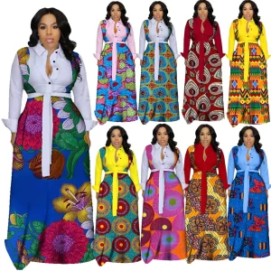 African Designer Dress Lady Sehe Fashion Flower Printed Maxi African Style Bow Casual Dresses Digital Printing Floral Print